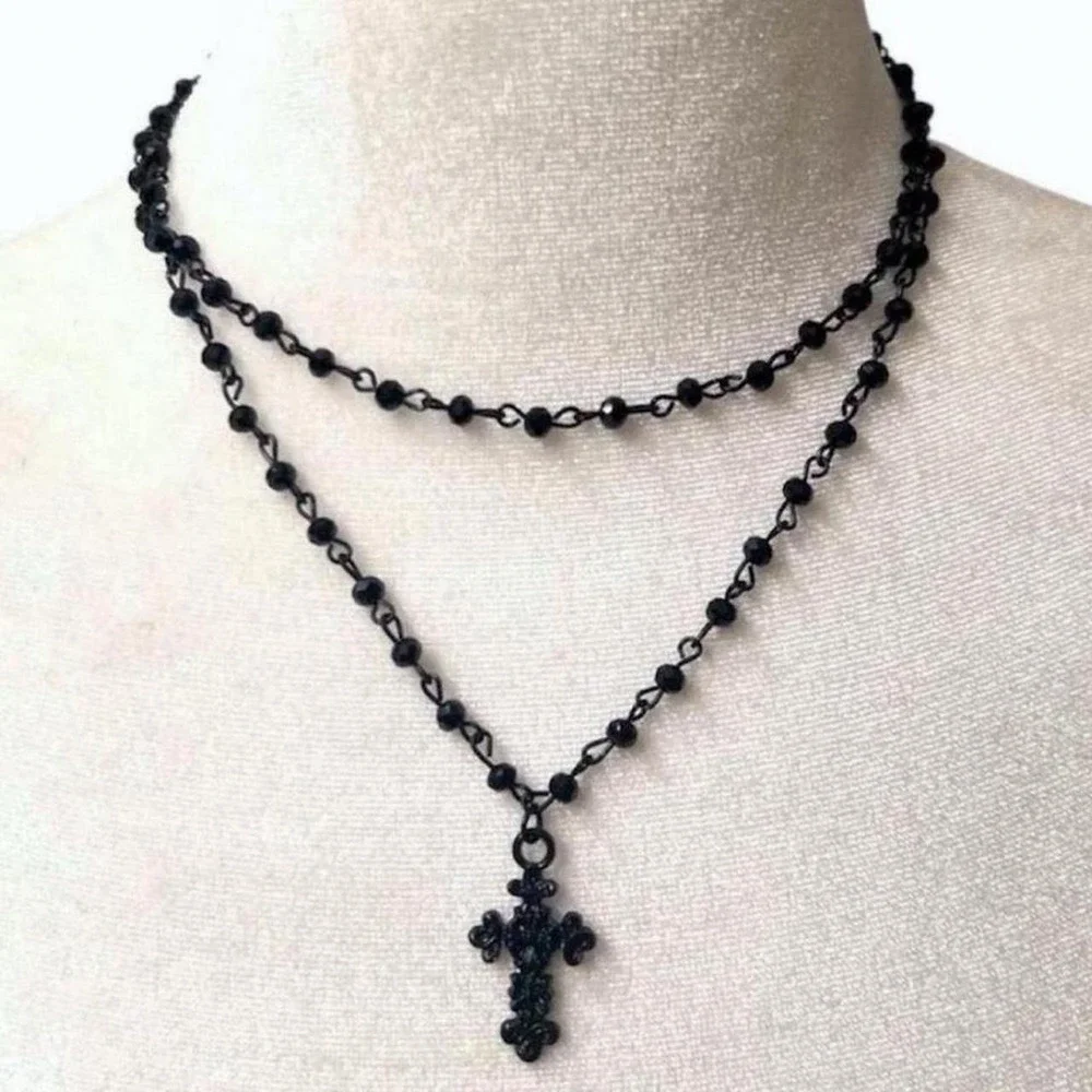 Black Beaded Cross Necklace - 2 piece - with adjustable chains